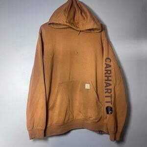 Carhartt Hoodie 2XL Brown Workwear Distressed Spell Out Logo utility - Flaw